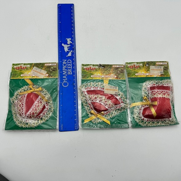 Lot 3 Vintage Victorian Fabric Christmas Bell Decoration Lace Ribbon Boot Pillow - Picture 9 of 9